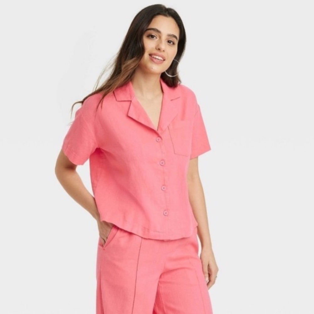A New Day Pink Coral Linen Blend Camp Shirt